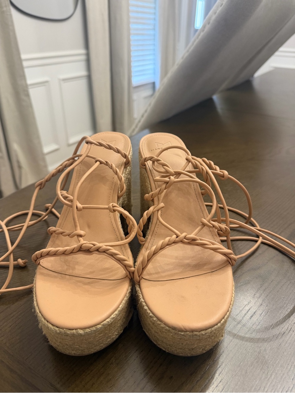 Marc Fisher Nude/Tan Braided Lace-Up Espadrille Wedges